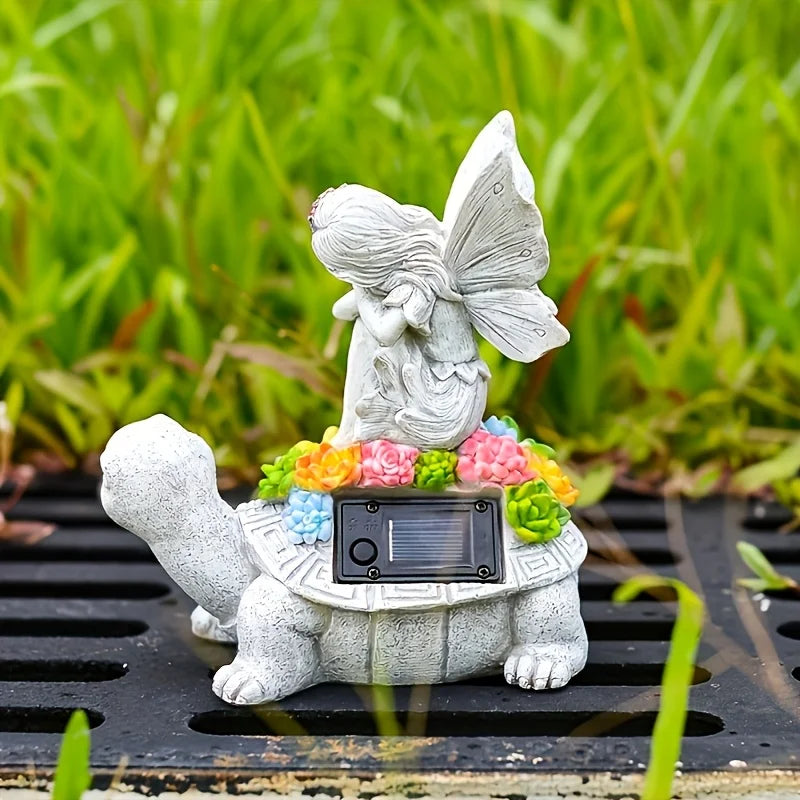 Li Solar Garden Angel Riding Turtle Statue Outdoor Decor