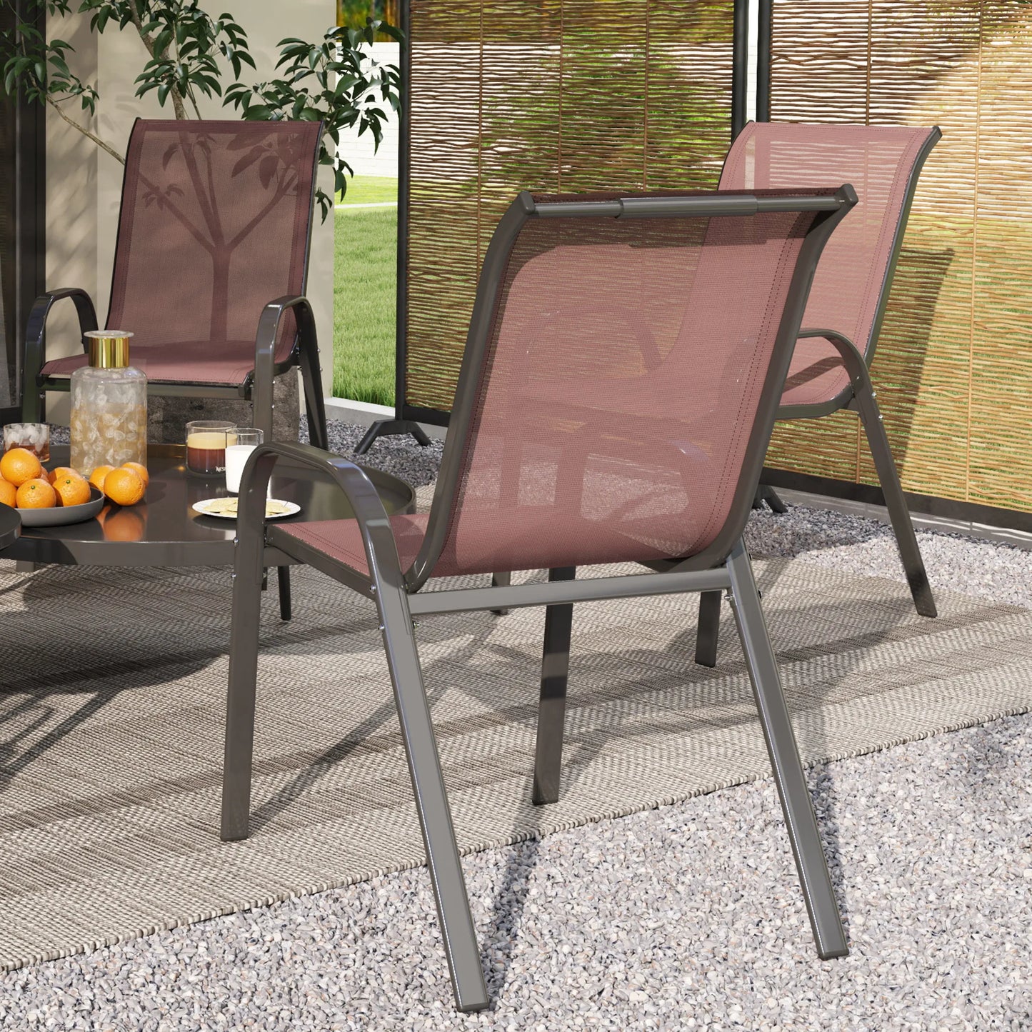 Set of 4 Patio Dining Chairs, Stackable Outdoor Chairs, Brown