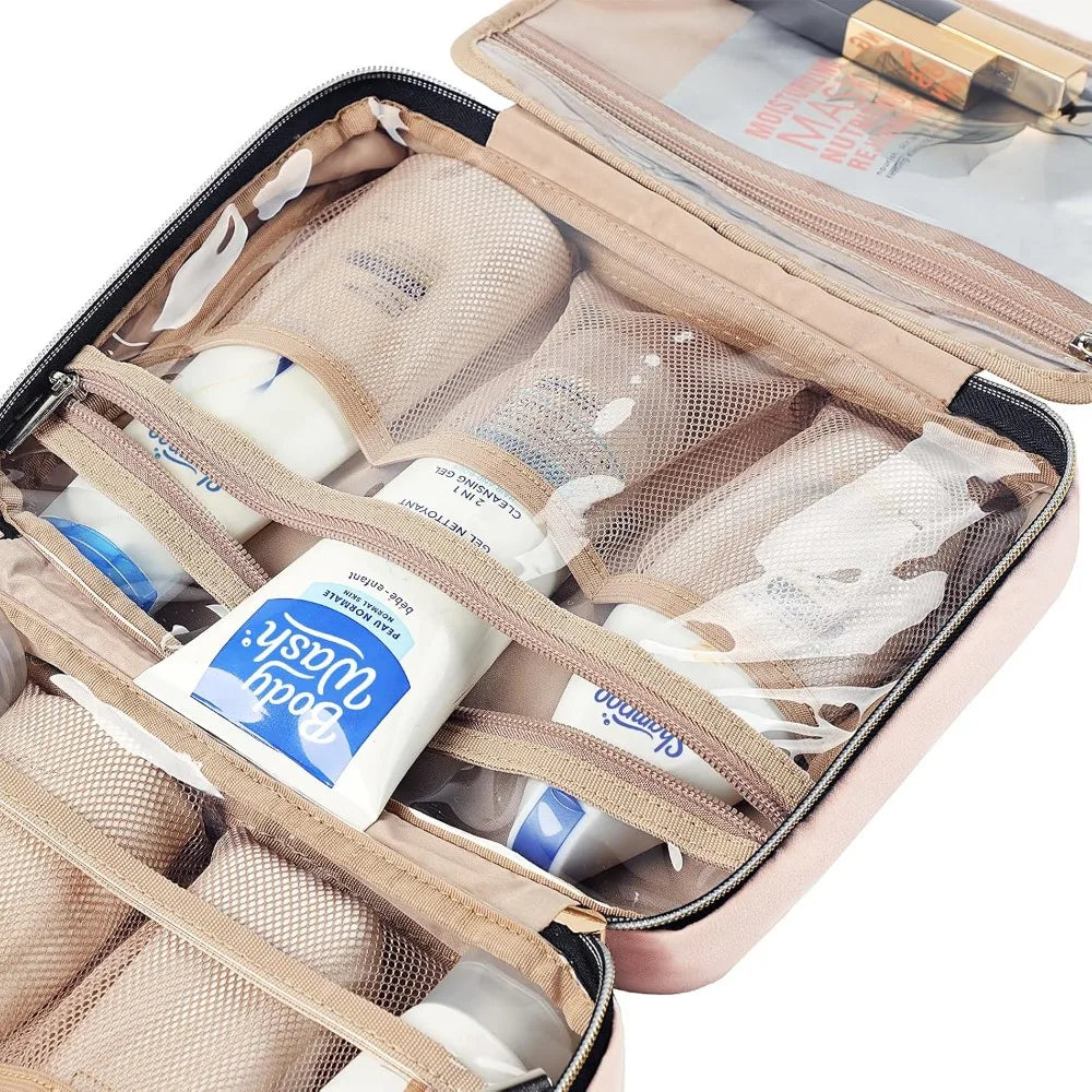 Pink Travel Hanging Toiletry Bag for Women Medium Size Portable Cosmetic Organizer for Makeup Brushes Shampoo Conditioner Accessories
