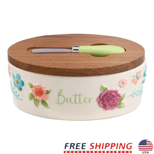 Painted Meadow Ceramic Butter Dish Set With Acacia Wood Lid