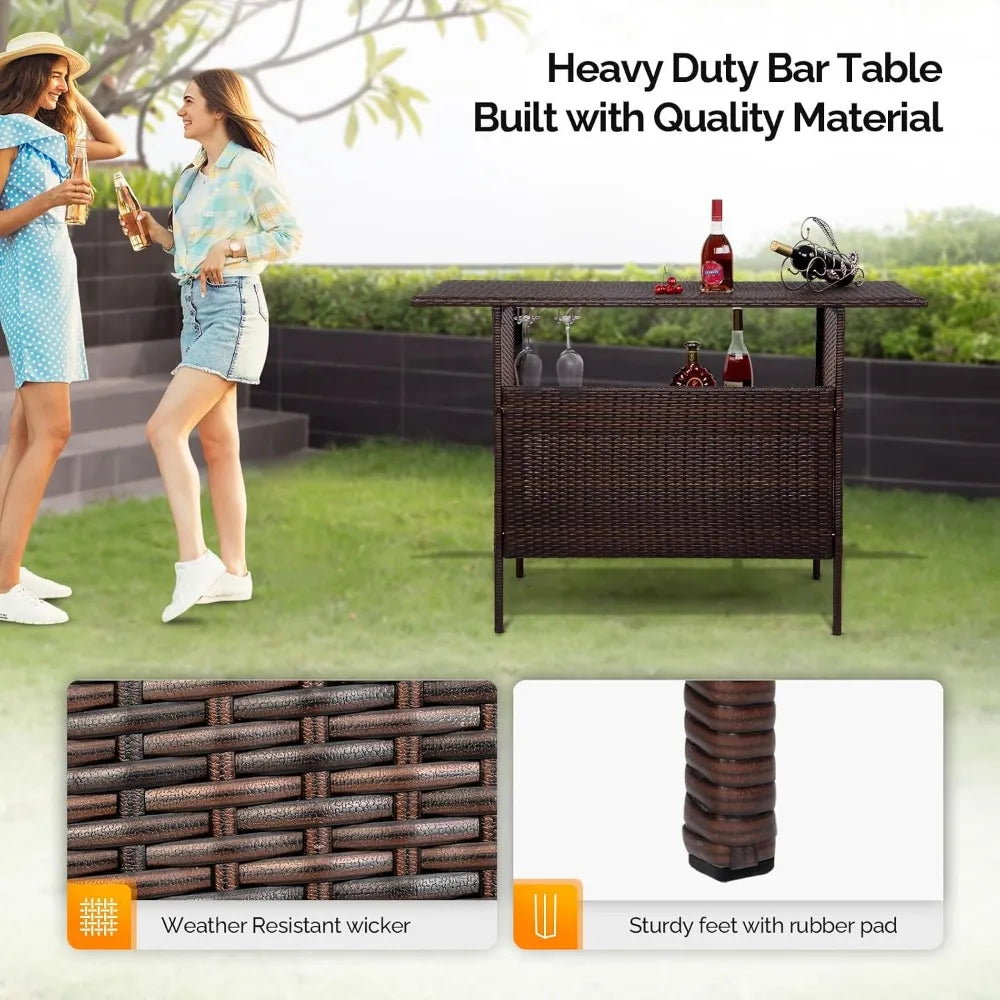 Wicker Outdoor Bar Table with Steel Shelves and Rattan Storage for Patio and Garden
