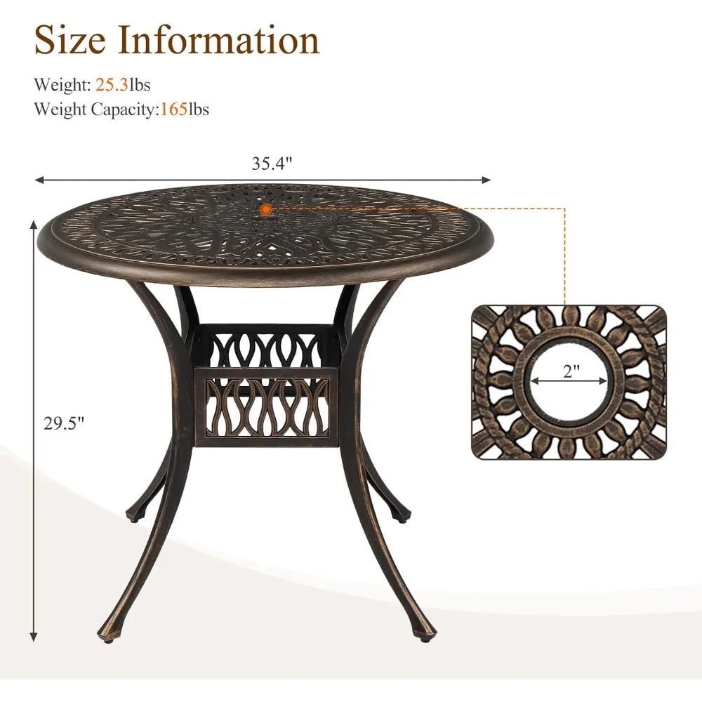 35.4' Diameter Patio Dining Table with Umbrella Hole, Cast Aluminum for Outdoor Garden Use