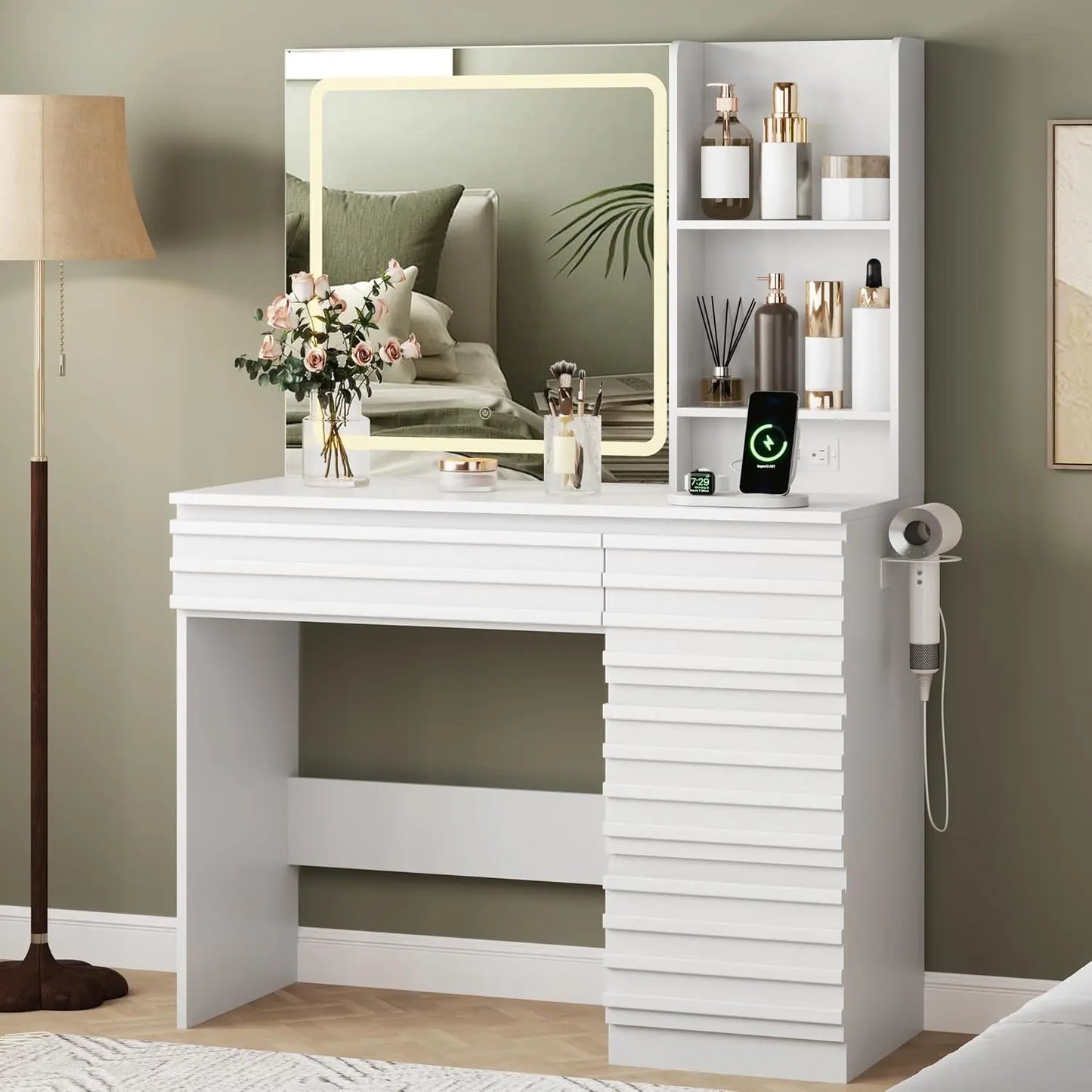 Fluted LED Lighted Makeup Vanity Desk,3 Lighting Modes,4 Drawers,Open Shelves,Power Outlet,Bedroom, Custom