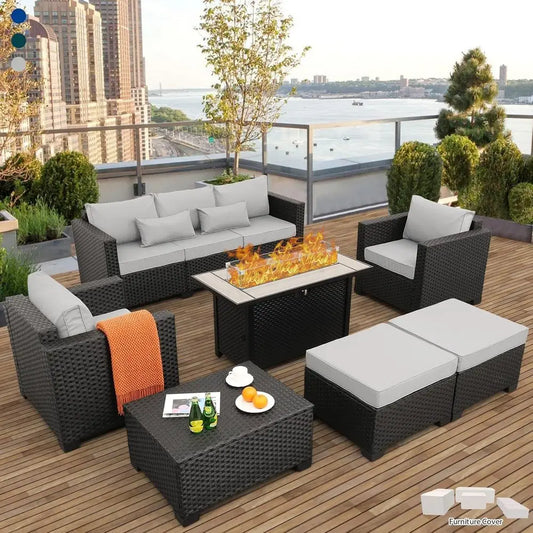 45 Outdoor Patio Furniture Set with 7 Pieces, Propane Fire Pit Table, Weatherproof Covers, Light Grey