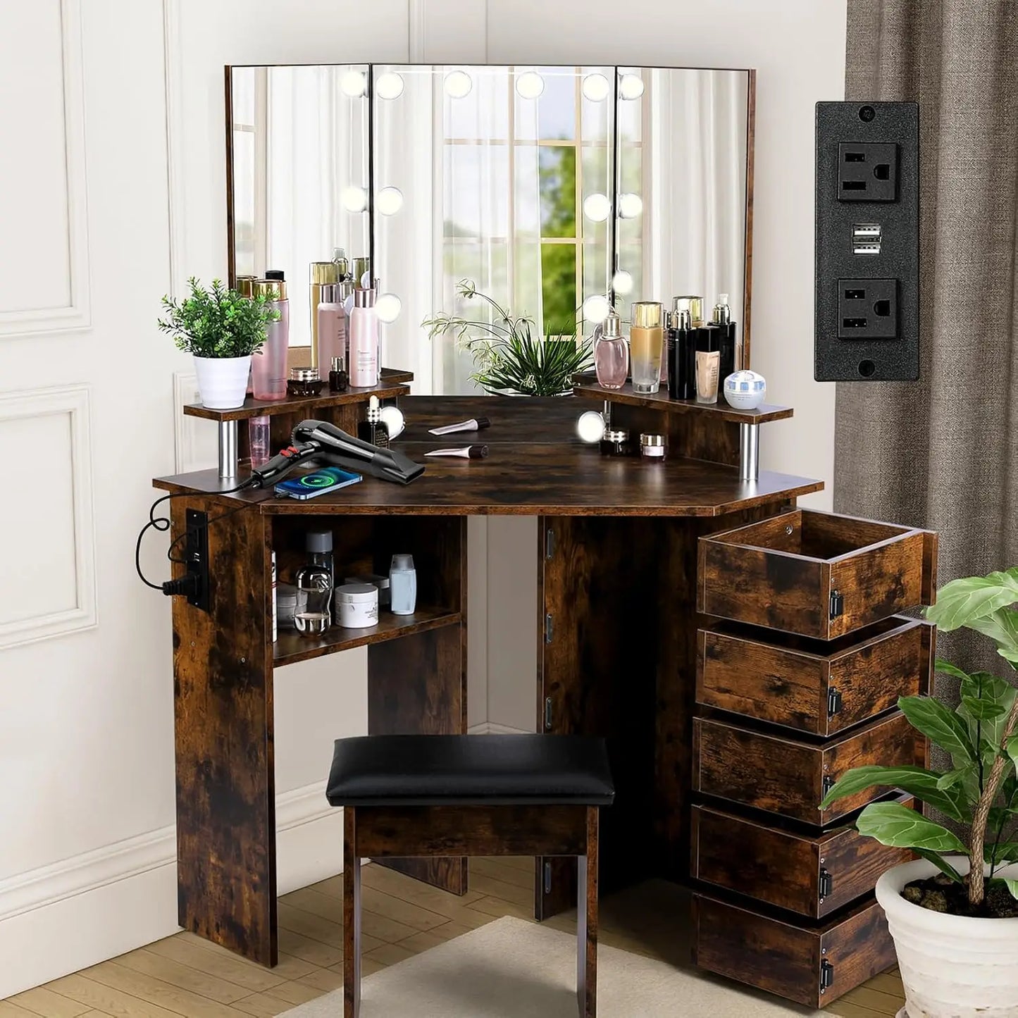 Vanity with Lights - Makeup Vanity Desk with Power Outlet, 3 Color Lighting Options Brightness Adjustable, Vanity, Customized