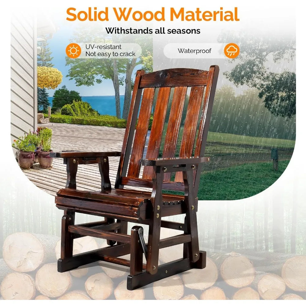 Outdoor Wooden Patio Glider Chair with Cup Holder and Smooth Rocking Mechanism, Durable for Up to 600 LBS, Rustic Style