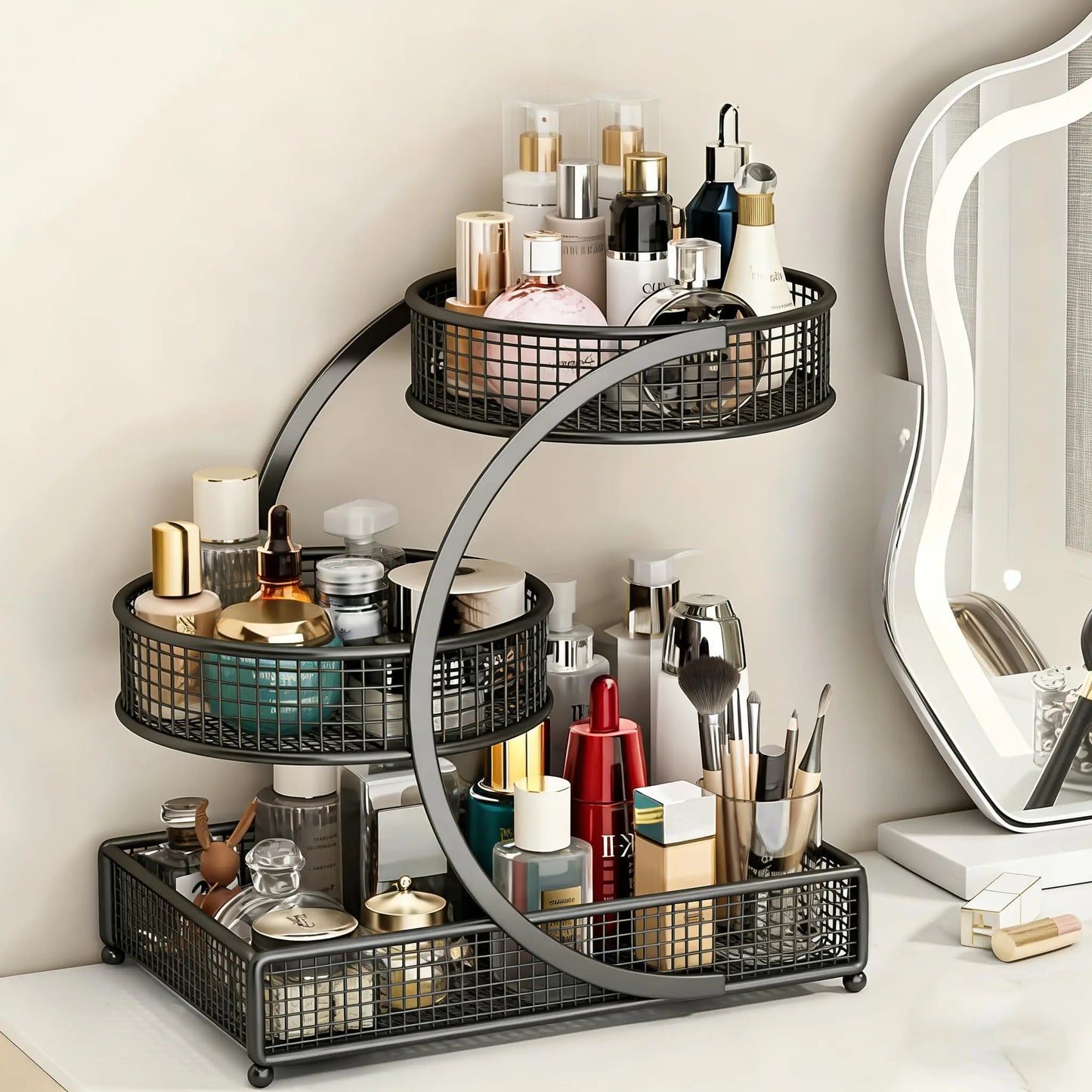 3 Layer Extra Large Cosmetic Storage Rack Polished Metal No Assembly Required for Bathroom Countertop Dressing Table Vanity