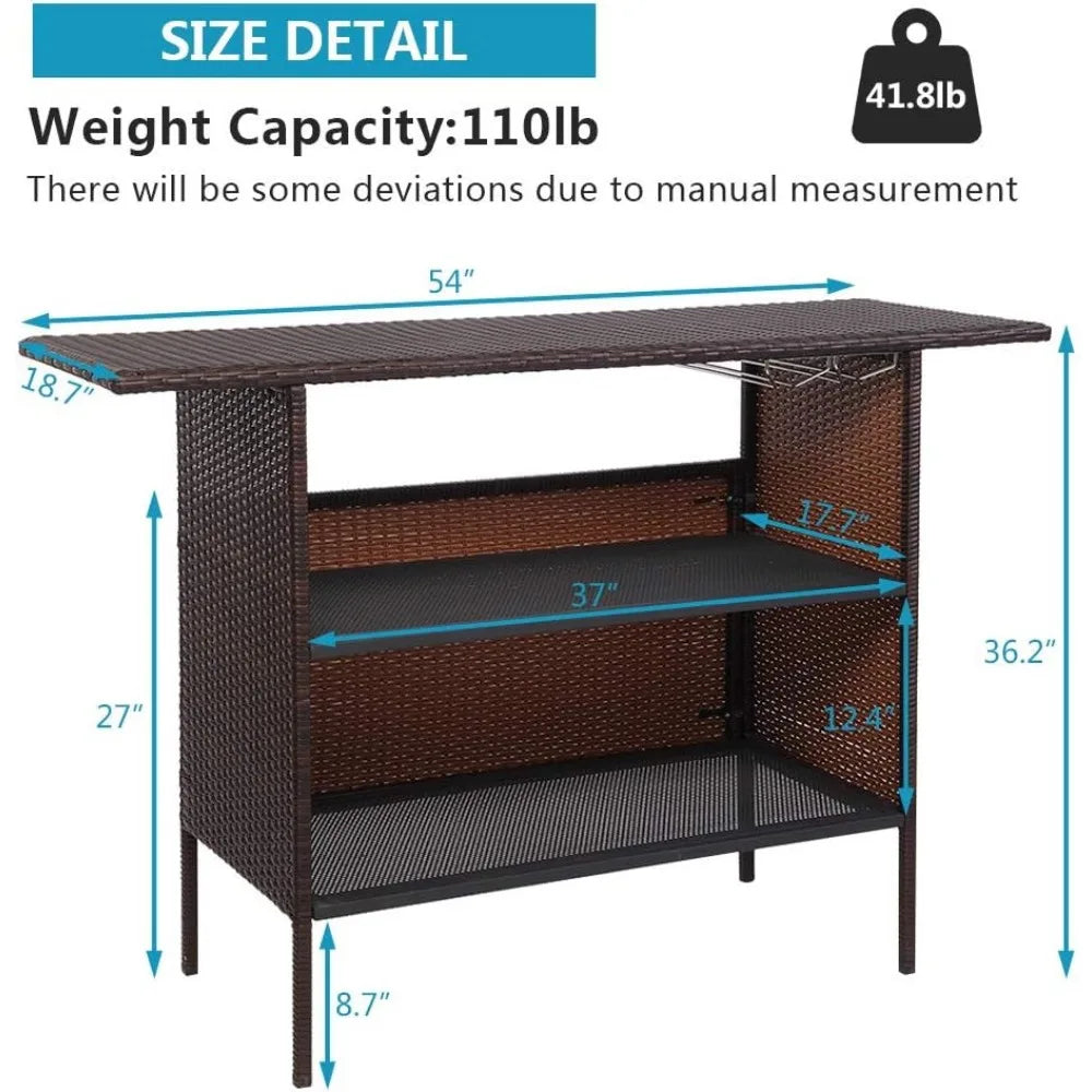 Wicker Outdoor Bar Table with Steel Shelves and Rattan Storage for Patio and Garden