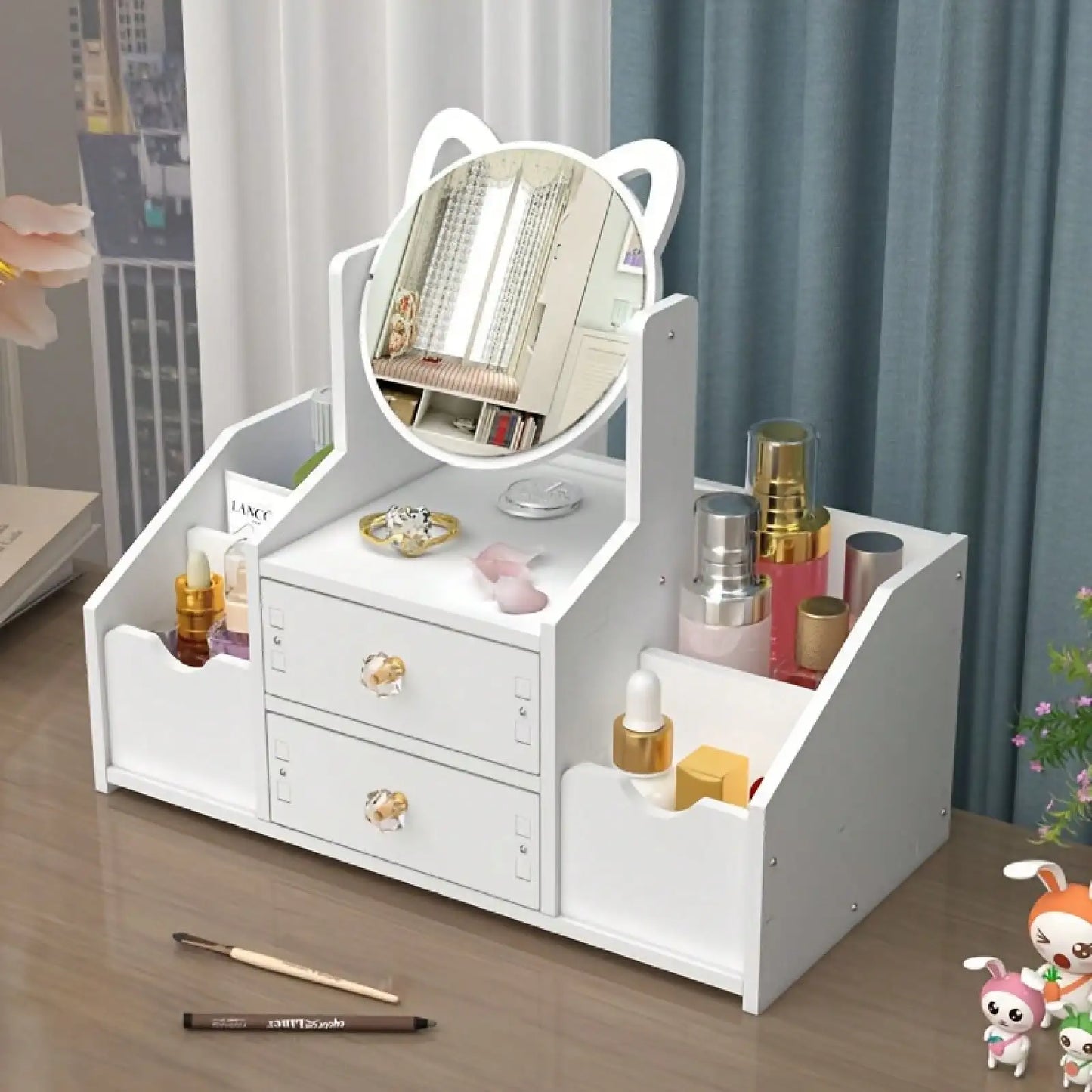 Senmeo Mirror Makeup Organizer Large Capacity Plastic Storage Box for Bathroom Vanity White