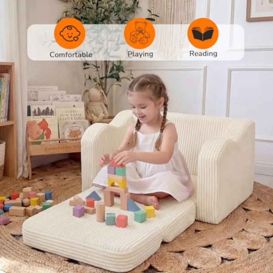 Toddler Couch Fold Out 2-in-1 Convertible Sofa Bed with Soft Corduroy Cover, High-Density Foam Toddler Chair for Ages 1 3, Fold