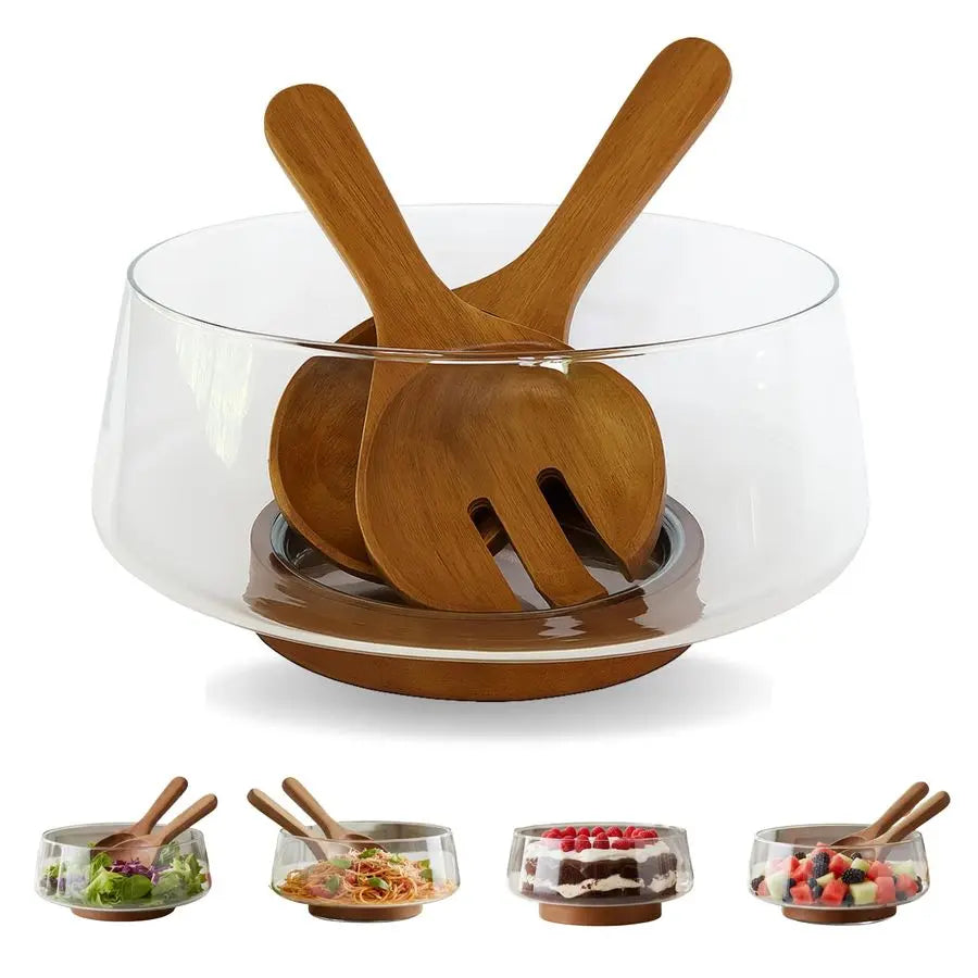 XMSJ Glass Salad Bowl Set With Acacia Base And Servers
