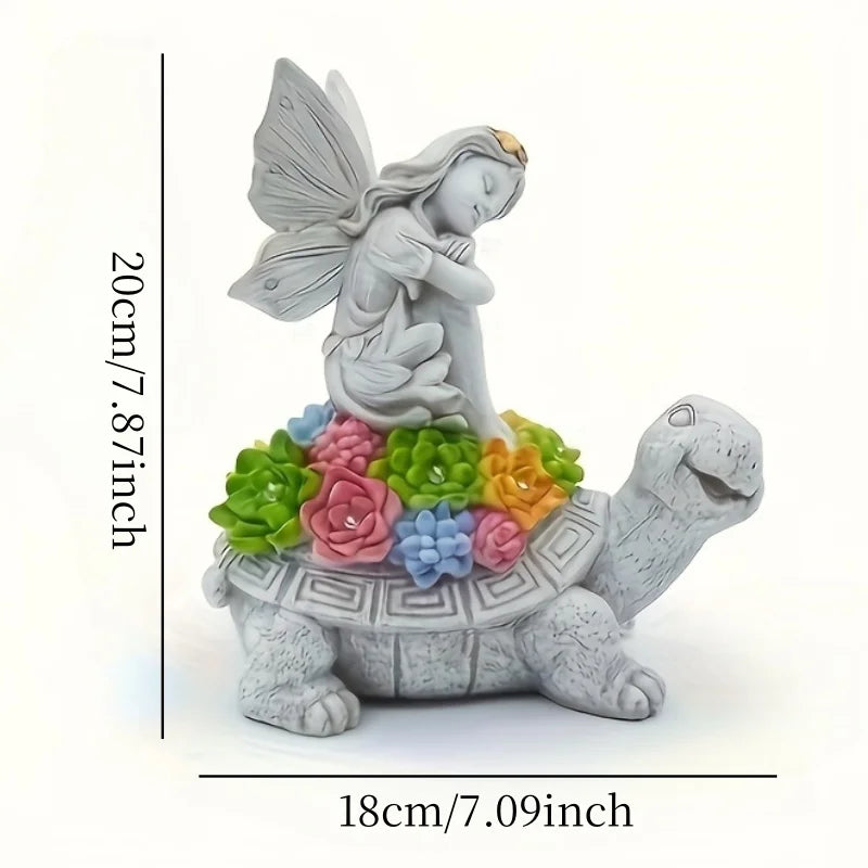 Li Solar Garden Angel Riding Turtle Statue Outdoor Decor