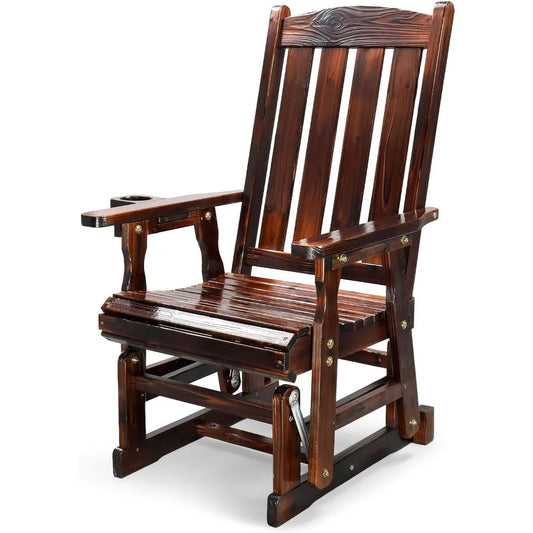 Outdoor Wooden Patio Glider Chair with Cup Holder and Smooth Rocking Mechanism, Durable for Up to 600 LBS, Rustic Style