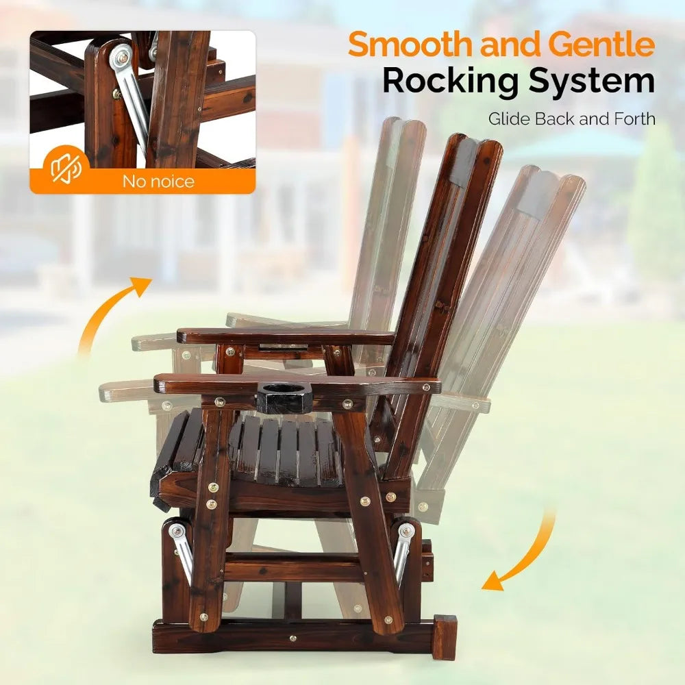 Outdoor Wooden Patio Glider Chair with Cup Holder and Smooth Rocking Mechanism, Durable for Up to 600 LBS, Rustic Style