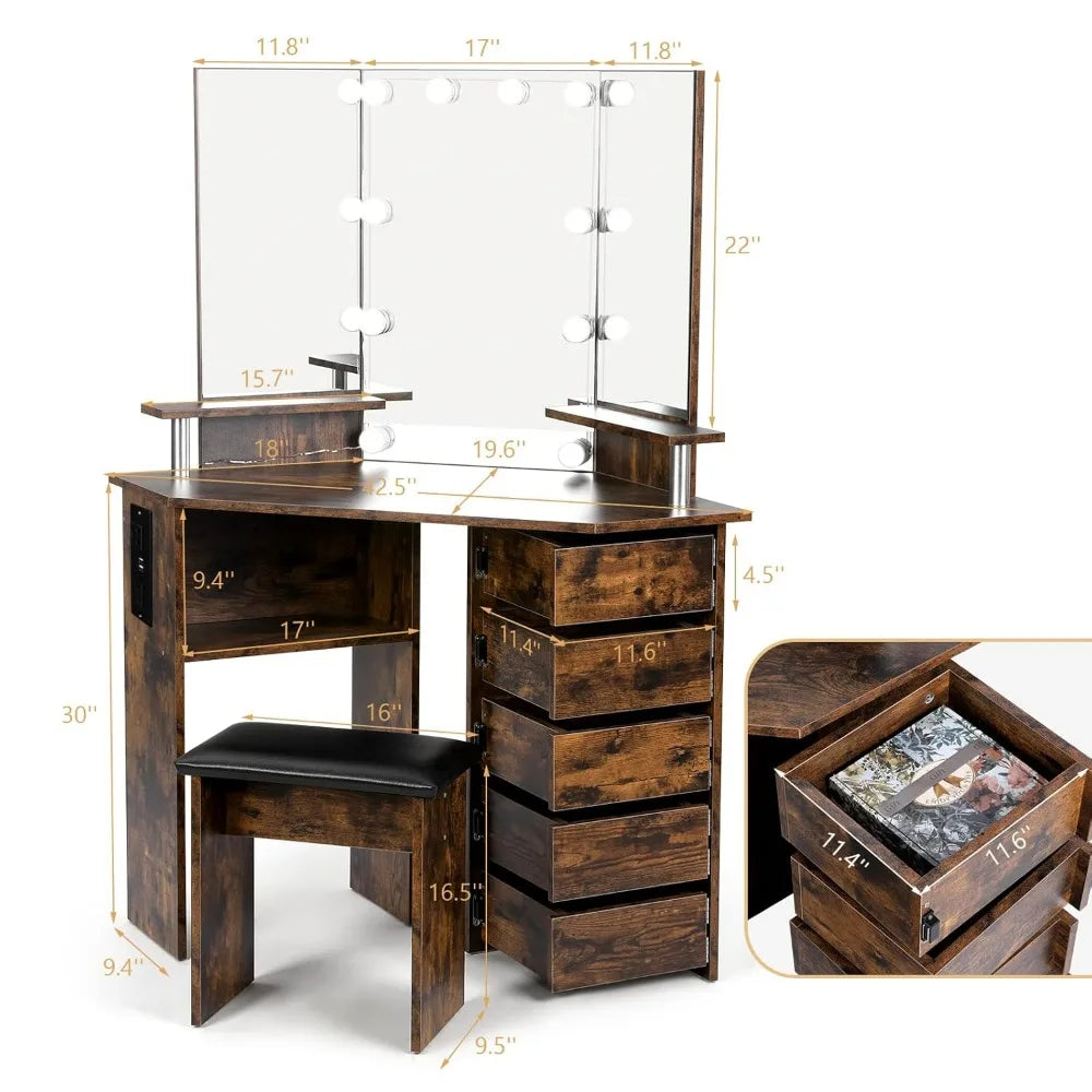 Vanity with Lights - Makeup Vanity Desk with Power Outlet, 3 Color Lighting Options Brightness Adjustable, Vanity, Customized