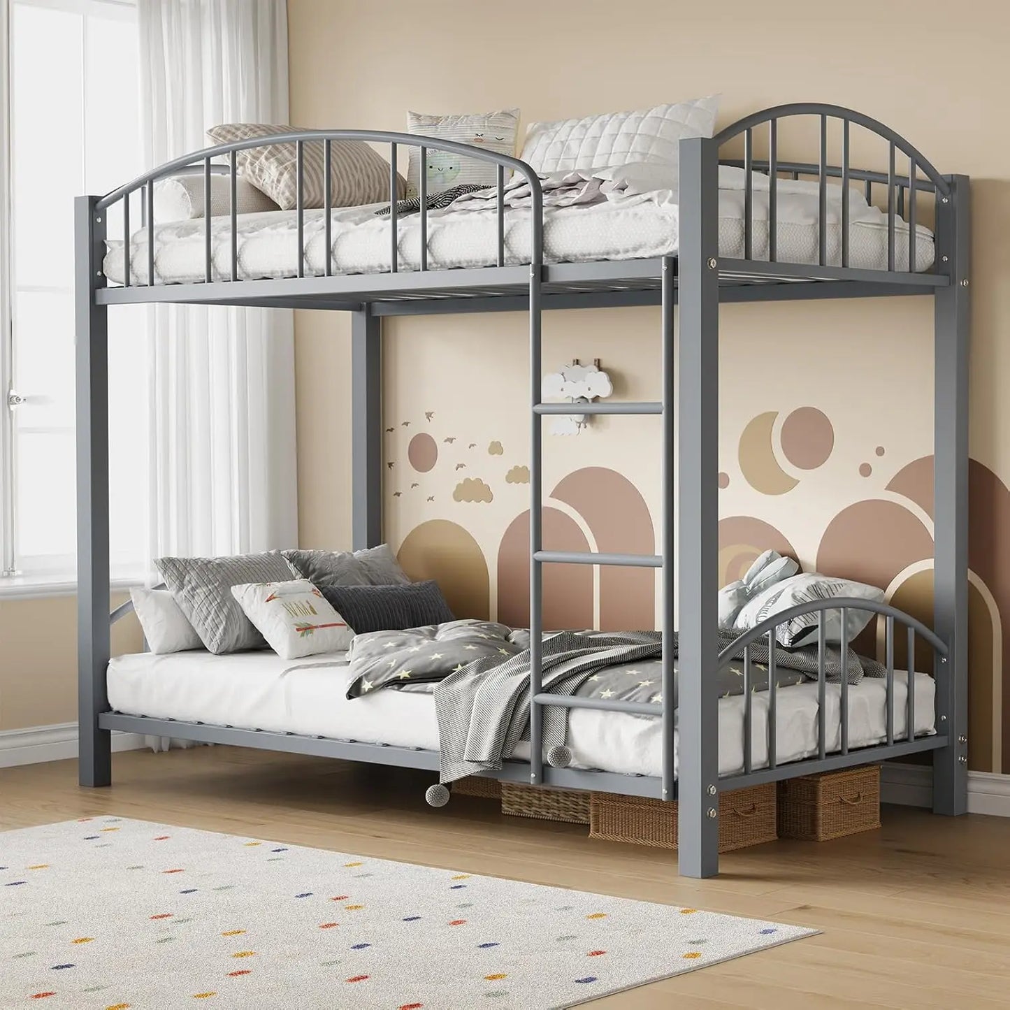 Bunk Bed Twin Over Twin Metal Loft Bed Bunk Beds Twin Over Full Size with Heightened Safety Guardrail Ladder for School Bedroom