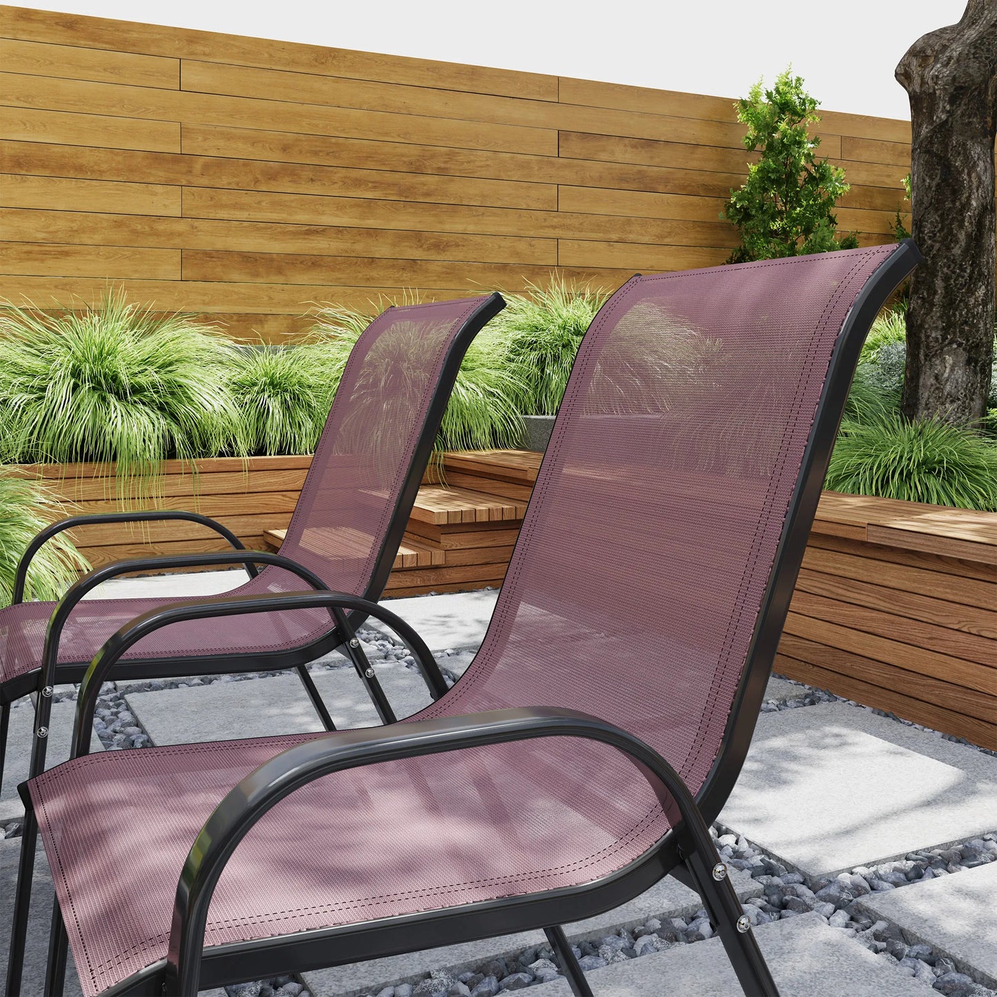 Set of 4 Patio Dining Chairs, Stackable Outdoor Chairs, Brown