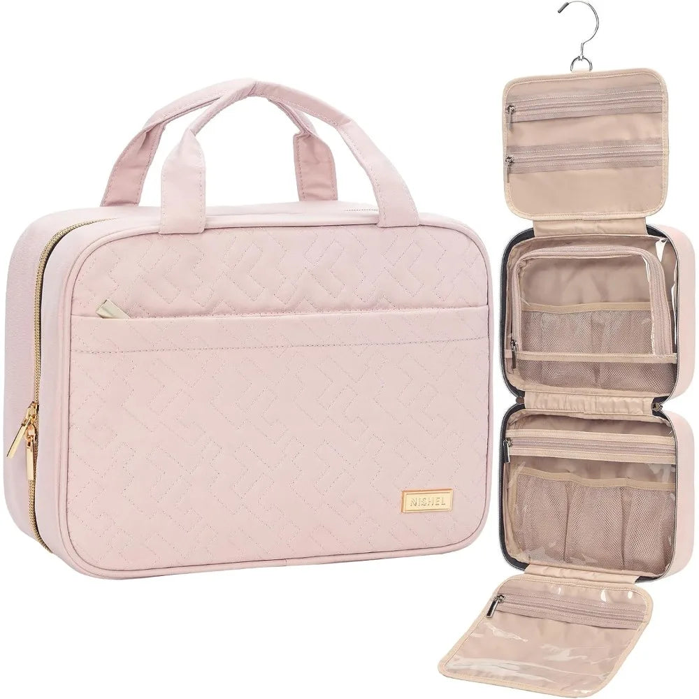 Pink Travel Hanging Toiletry Bag for Women Medium Size Portable Cosmetic Organizer for Makeup Brushes Shampoo Conditioner Accessories