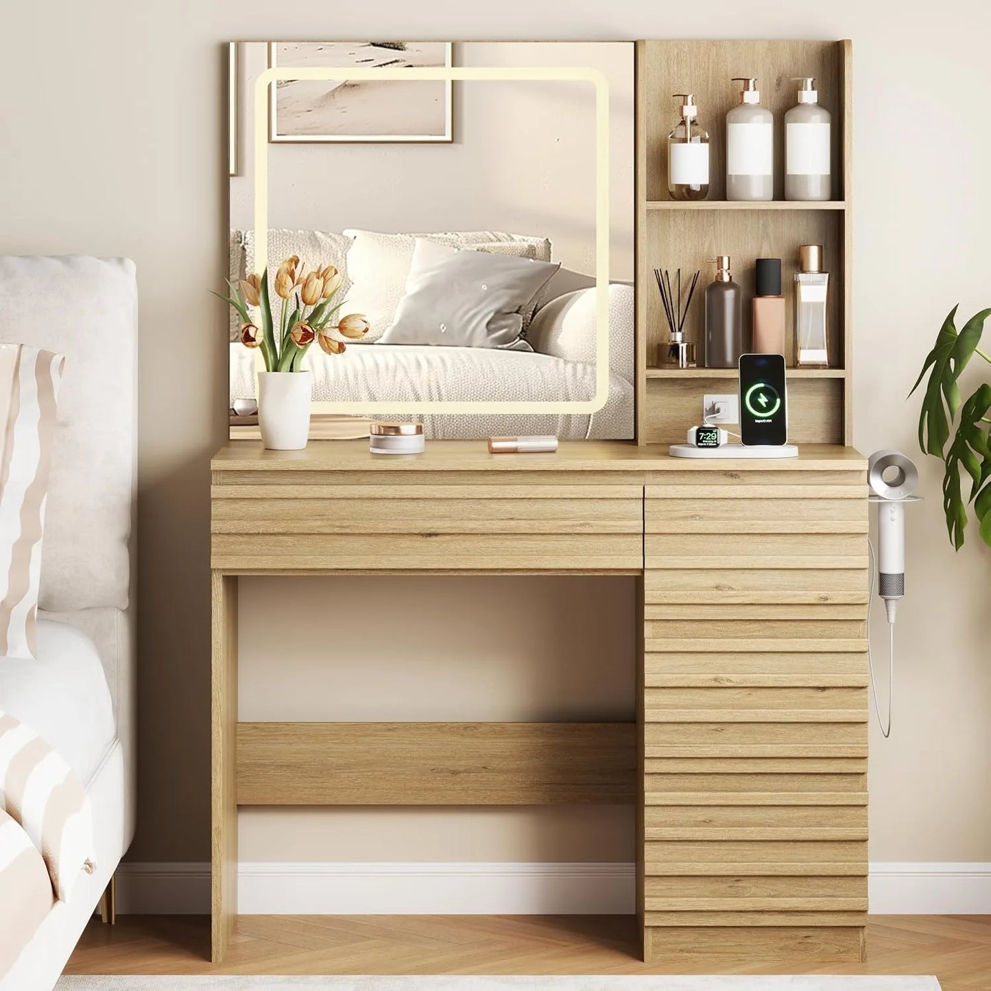 Fluted LED Lighted Makeup Vanity Desk,3 Lighting Modes,4 Drawers,Open Shelves,Power Outlet,Bedroom, Custom