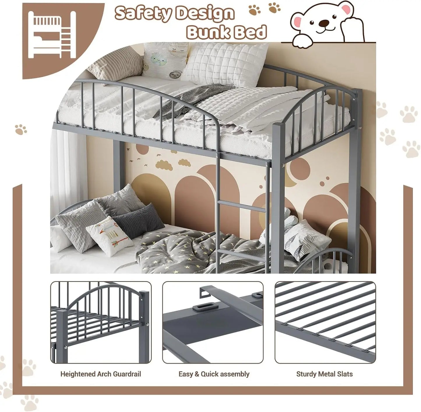 Bunk Bed Twin Over Twin Metal Loft Bed Bunk Beds Twin Over Full Size with Heightened Safety Guardrail Ladder for School Bedroom