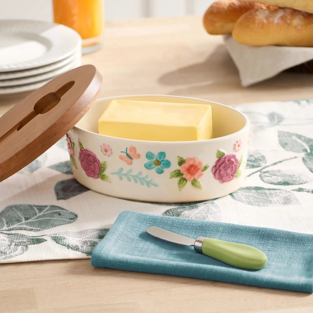 Painted Meadow Ceramic Butter Dish Set With Acacia Wood Lid