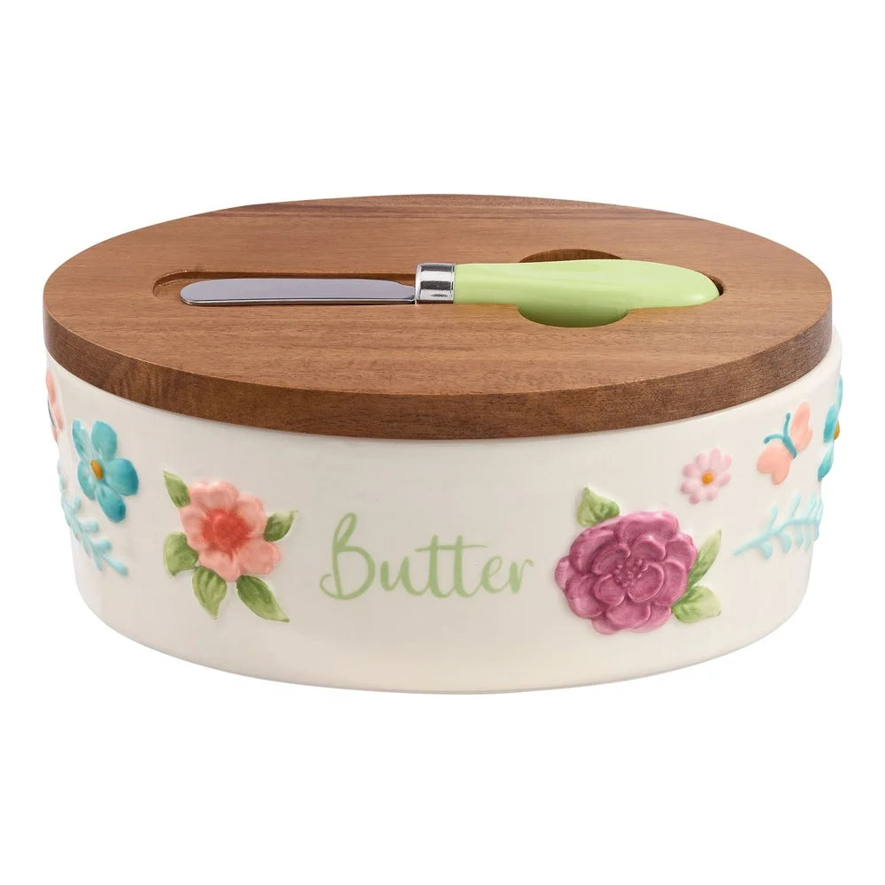 Painted Meadow Ceramic Butter Dish Set With Acacia Wood Lid