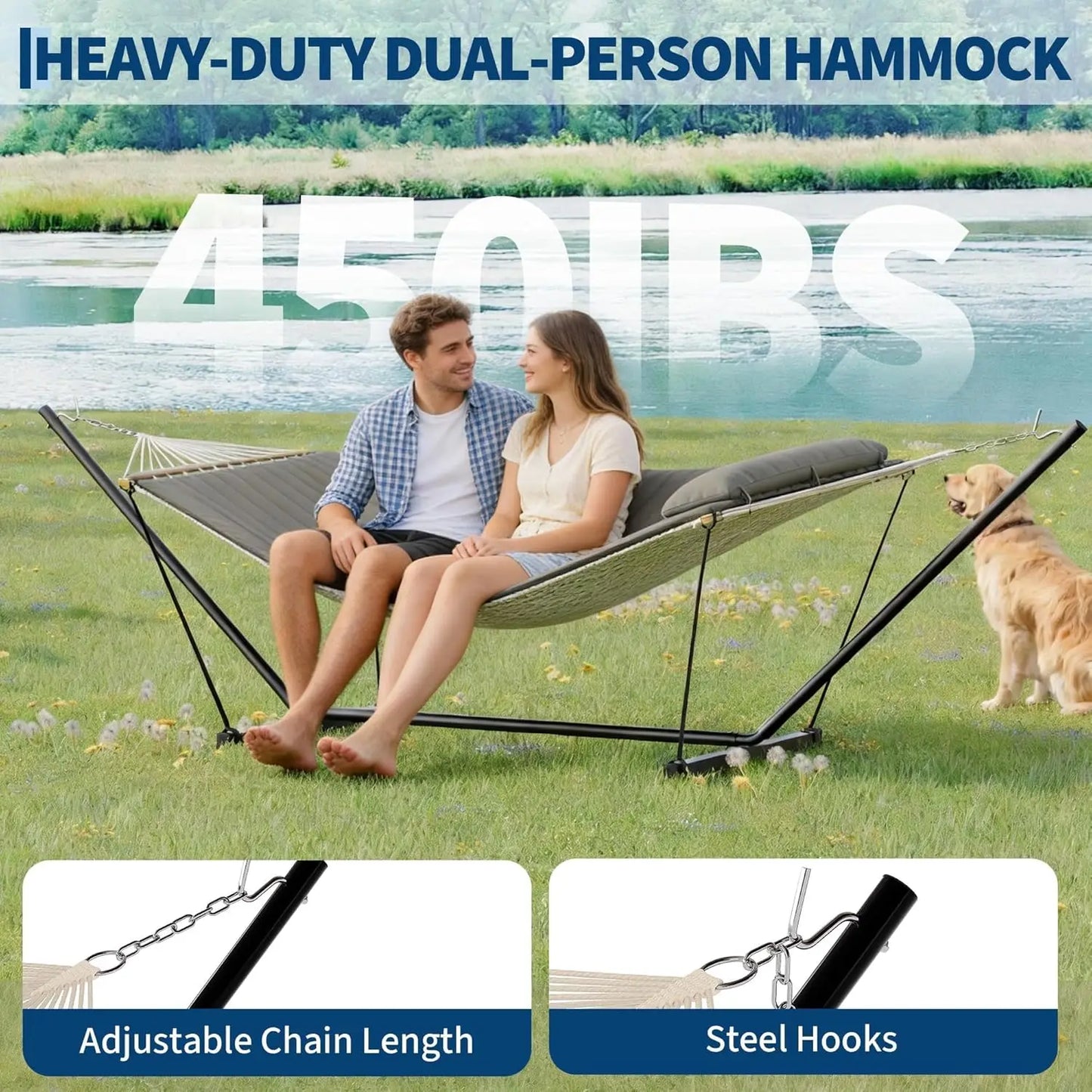 2 Person Double Hammock with Stand, Heavy Duty Outdoor Hammock with Adjustable Steel Frame & Pillow, Portable Camping Hammock for Patio Backyard Beach Garden