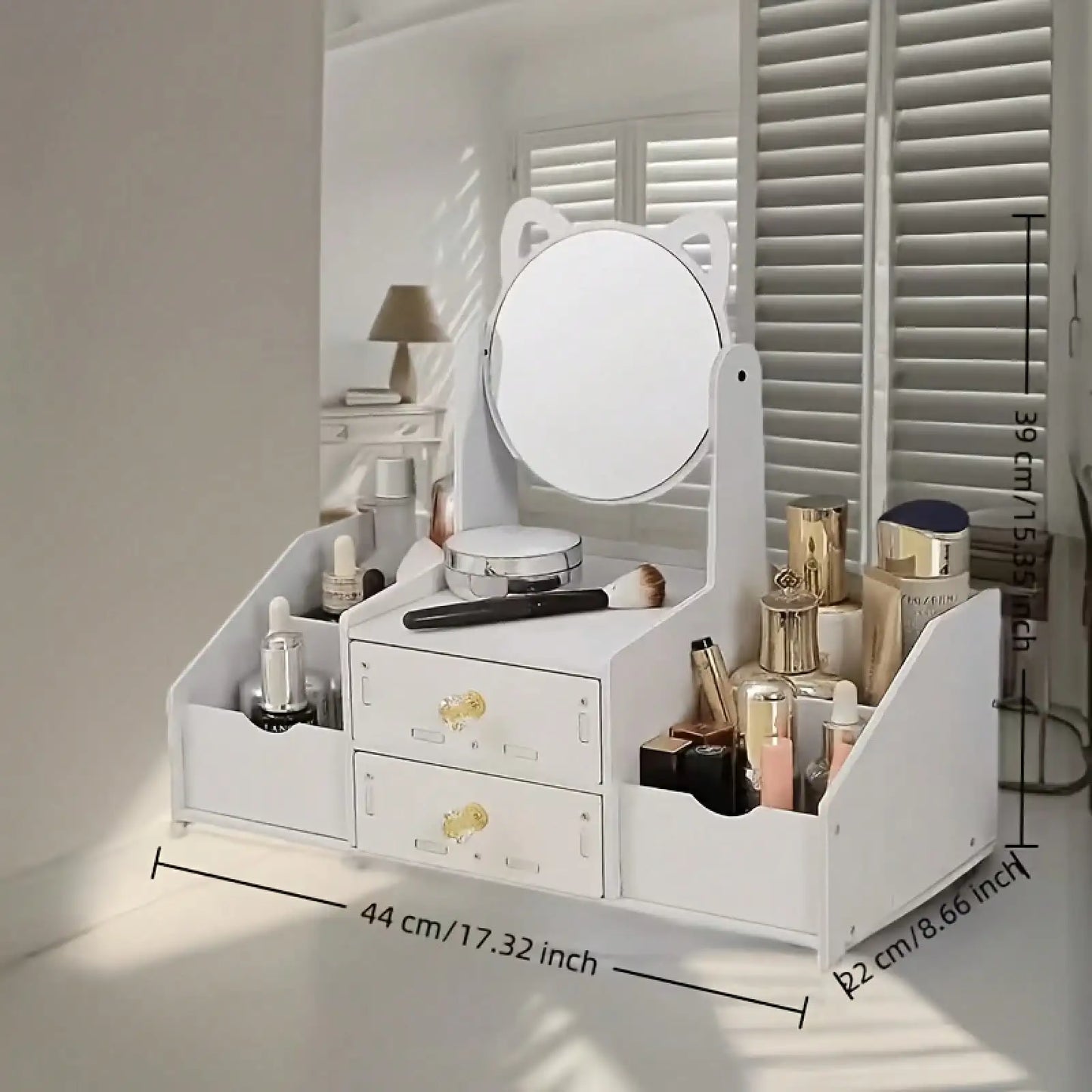 Senmeo Mirror Makeup Organizer Large Capacity Plastic Storage Box for Bathroom Vanity White