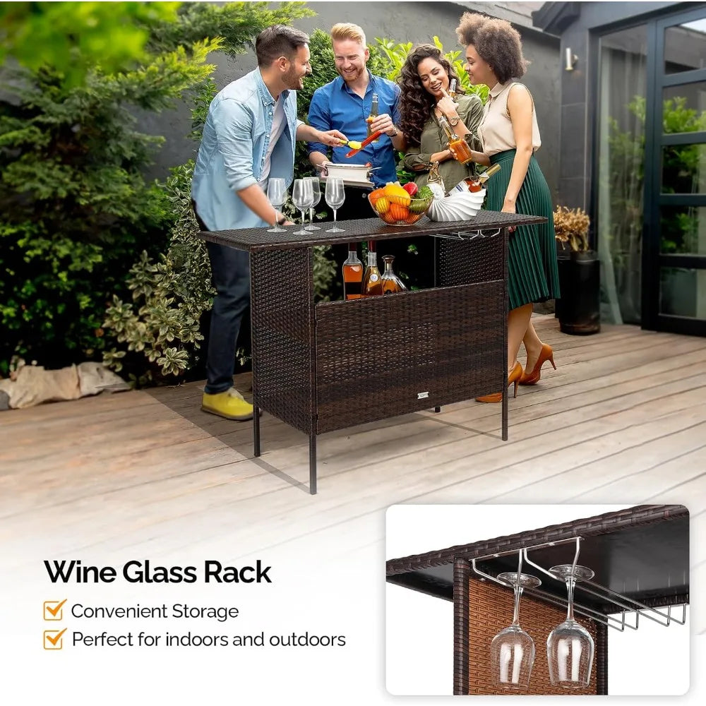 Wicker Outdoor Bar Table with Steel Shelves and Rattan Storage for Patio and Garden
