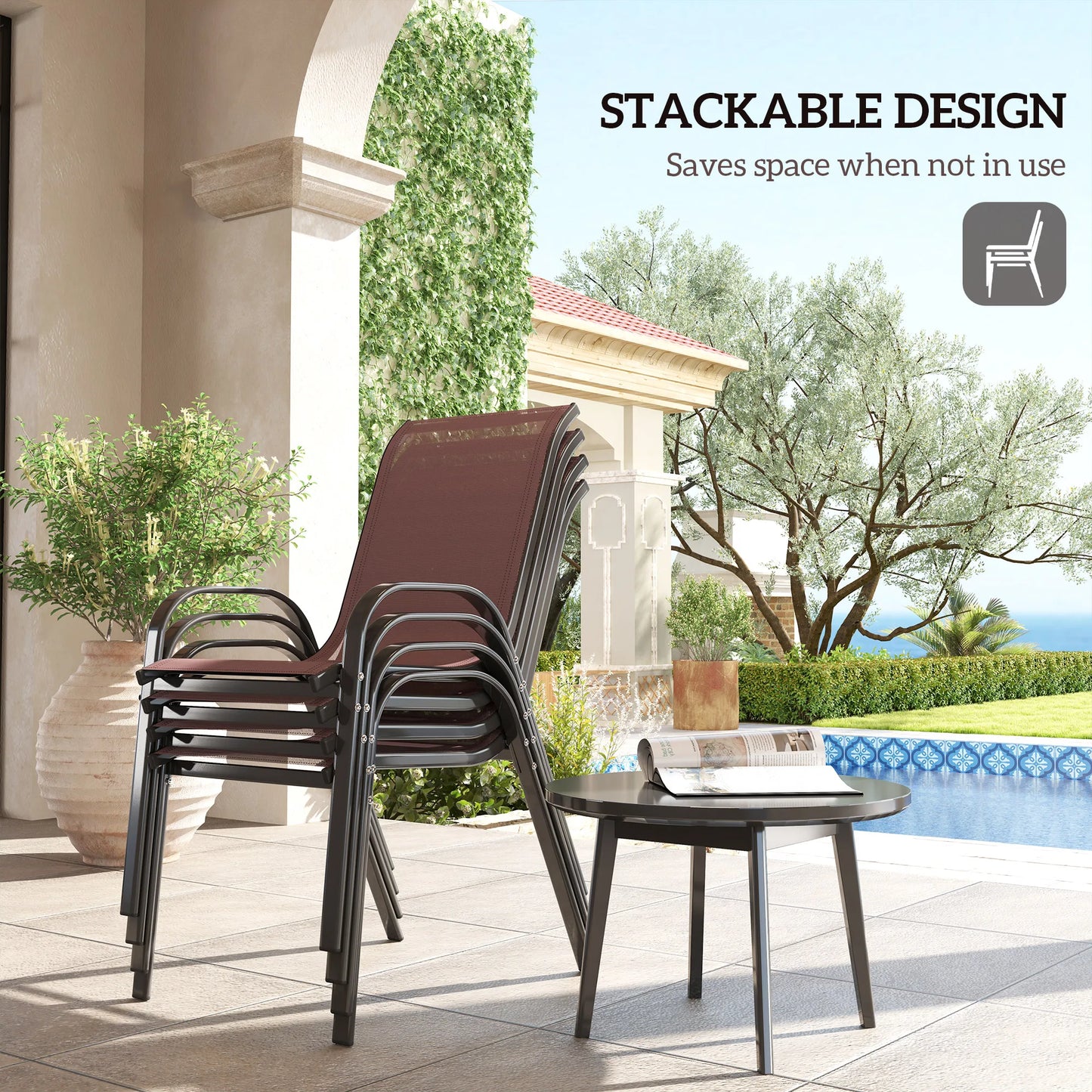 Set of 4 Patio Dining Chairs, Stackable Outdoor Chairs, Brown