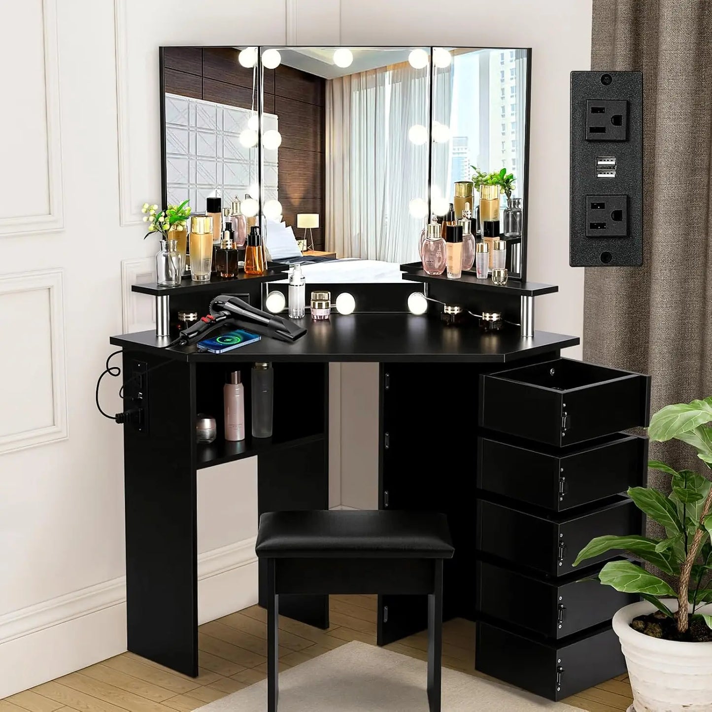 Vanity with Lights - Makeup Vanity Desk with Power Outlet, 3 Color Lighting Options Brightness Adjustable, Vanity, Customized