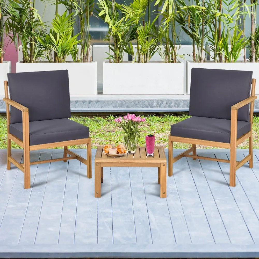 Patiojoy 3PCS Patio Table Chairs Set Solid Wooden Sectional Garden Furniture