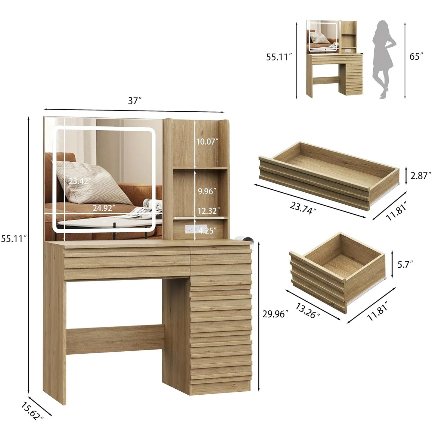 Fluted LED Lighted Makeup Vanity Desk,3 Lighting Modes,4 Drawers,Open Shelves,Power Outlet,Bedroom, Custom