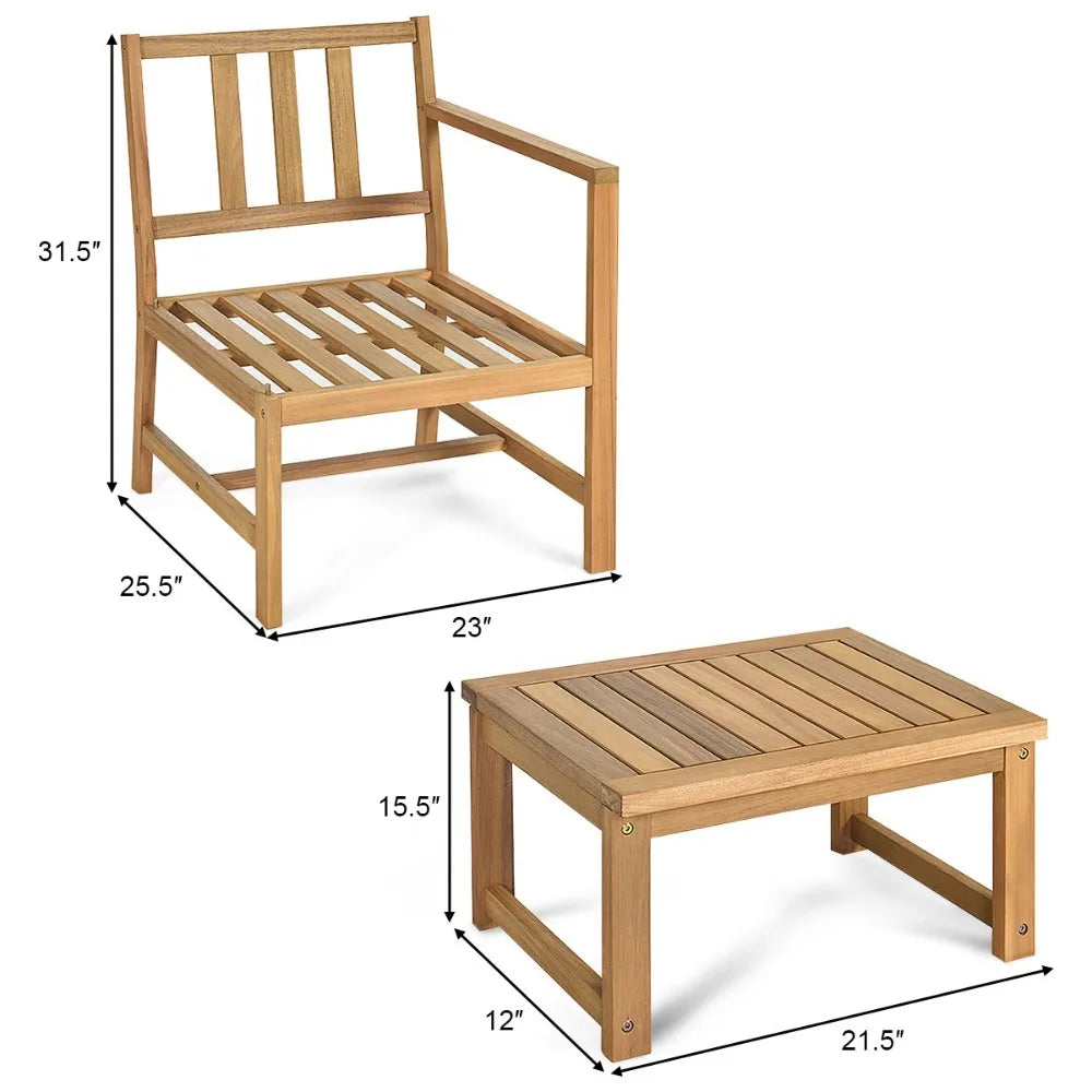 Patiojoy 3PCS Patio Table Chairs Set Solid Wooden Sectional Garden Furniture