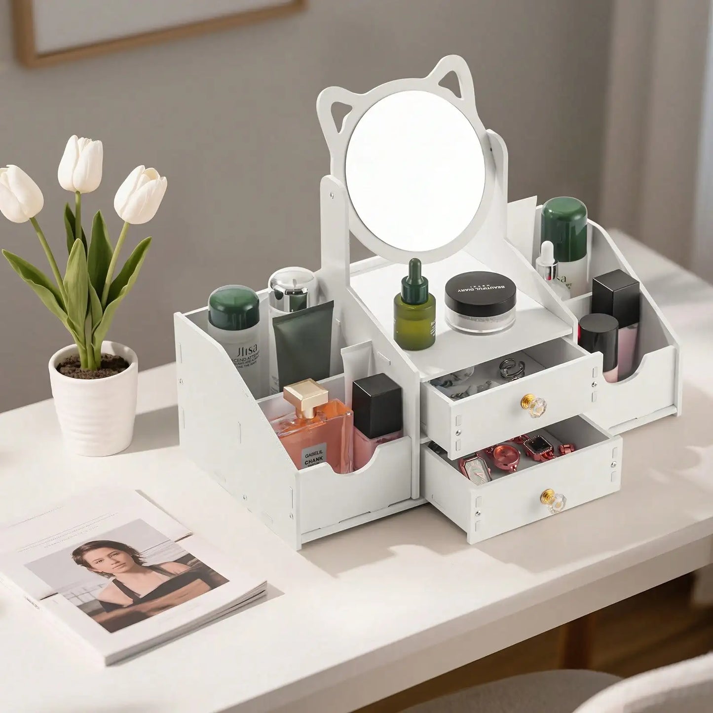 Senmeo Mirror Makeup Organizer Large Capacity Plastic Storage Box for Bathroom Vanity White