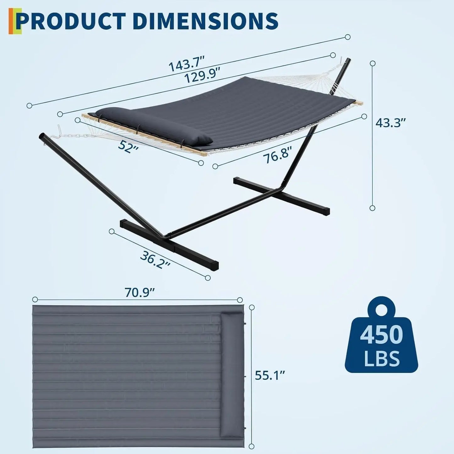 2 Person Double Hammock with Stand, Heavy Duty Outdoor Hammock with Adjustable Steel Frame & Pillow, Portable Camping Hammock for Patio Backyard Beach Garden