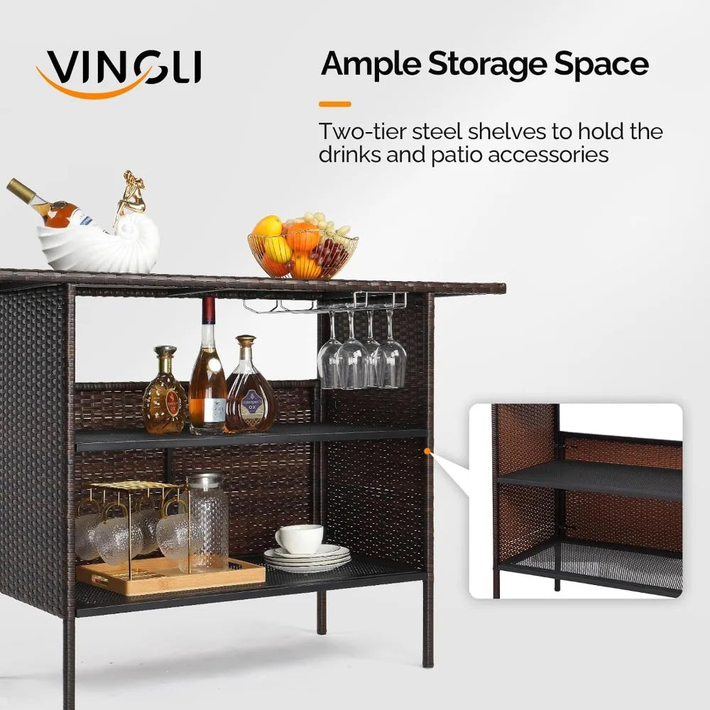 Wicker Outdoor Bar Table with Steel Shelves and Rattan Storage for Patio and Garden