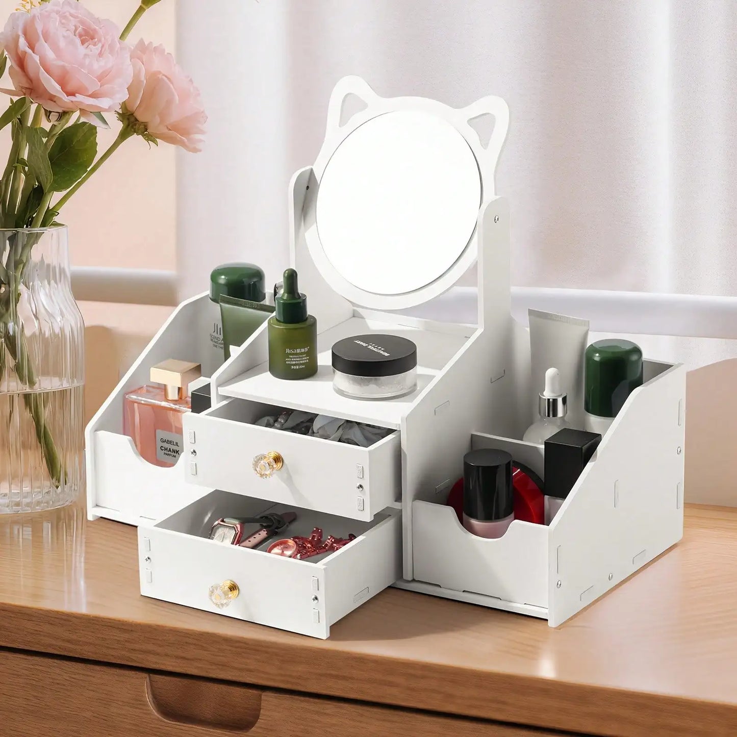 Senmeo Mirror Makeup Organizer Large Capacity Plastic Storage Box for Bathroom Vanity White