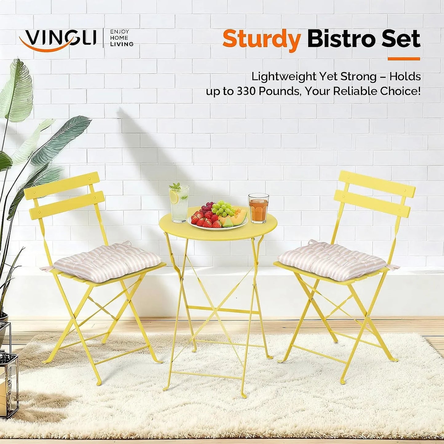 VINGLI Outdoor Folding Bistro Table and Chairs Set of 2 with Cushions for Patio