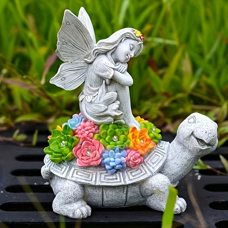 Li Solar Garden Angel Riding Turtle Statue Outdoor Decor