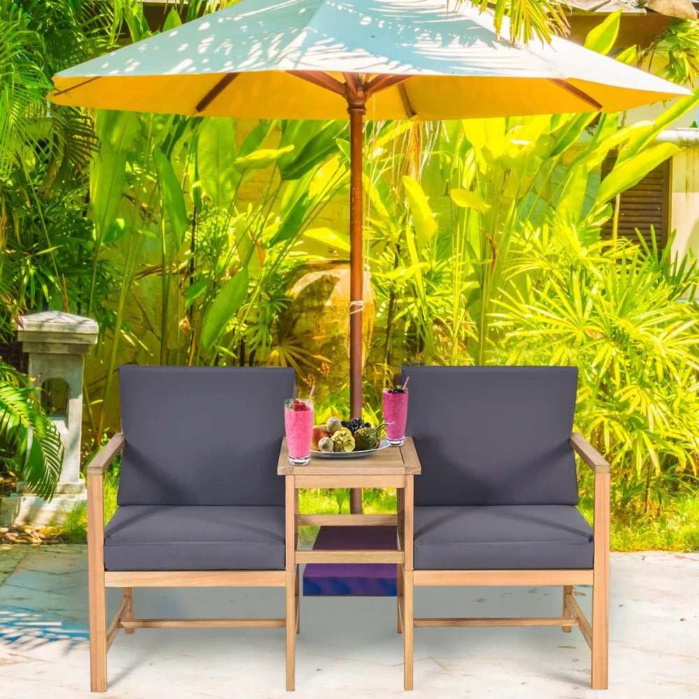 Patiojoy 3PCS Patio Table Chairs Set Solid Wooden Sectional Garden Furniture