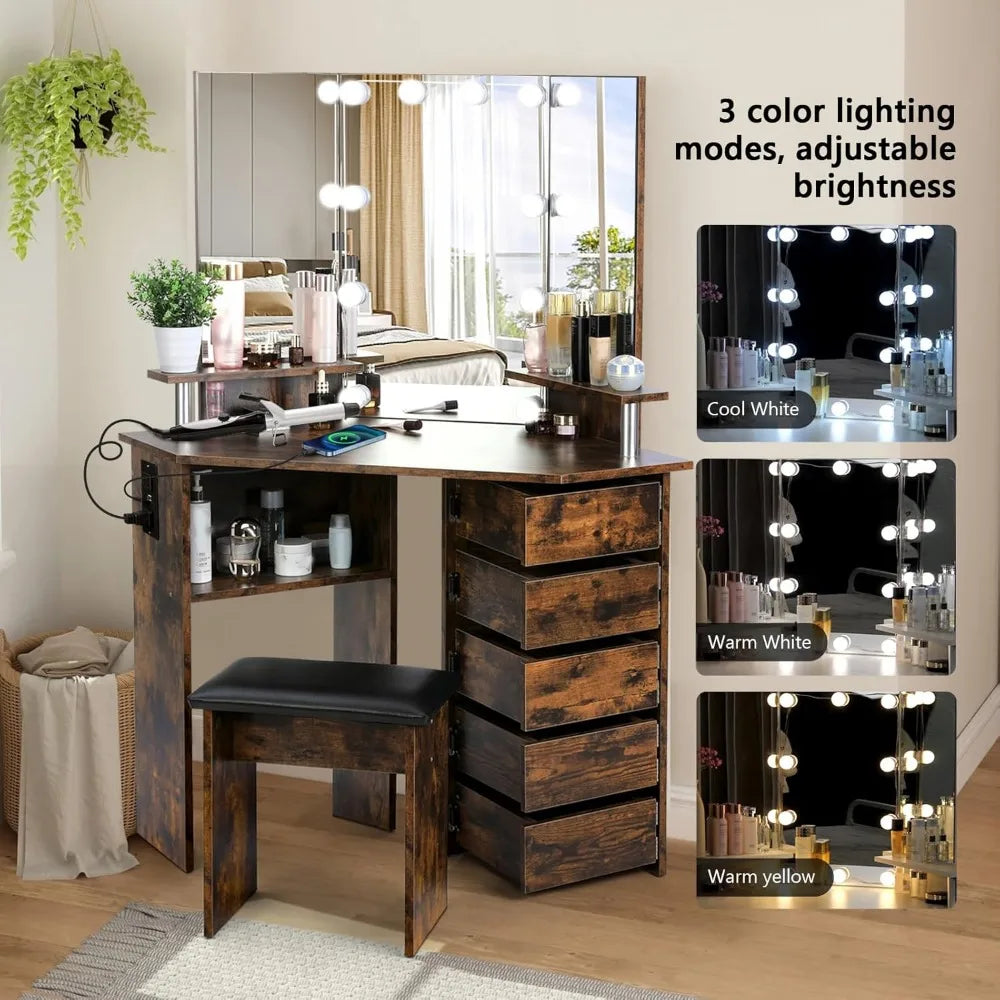 Vanity with Lights - Makeup Vanity Desk with Power Outlet, 3 Color Lighting Options Brightness Adjustable, Vanity, Customized
