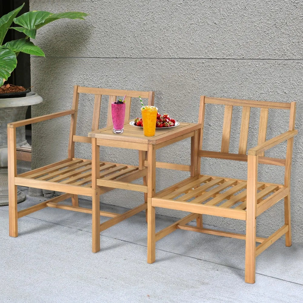Patiojoy 3PCS Patio Table Chairs Set Solid Wooden Sectional Garden Furniture