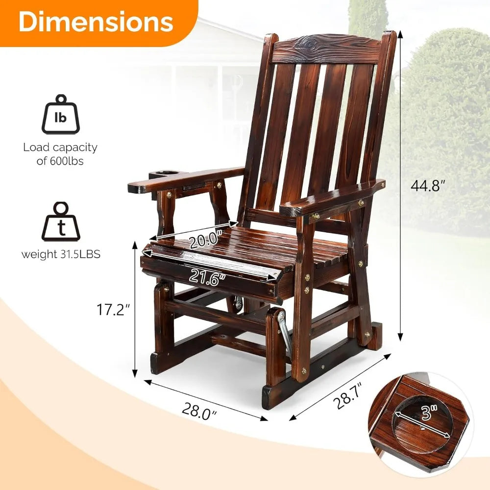 Outdoor Wooden Patio Glider Chair with Cup Holder and Smooth Rocking Mechanism, Durable for Up to 600 LBS, Rustic Style