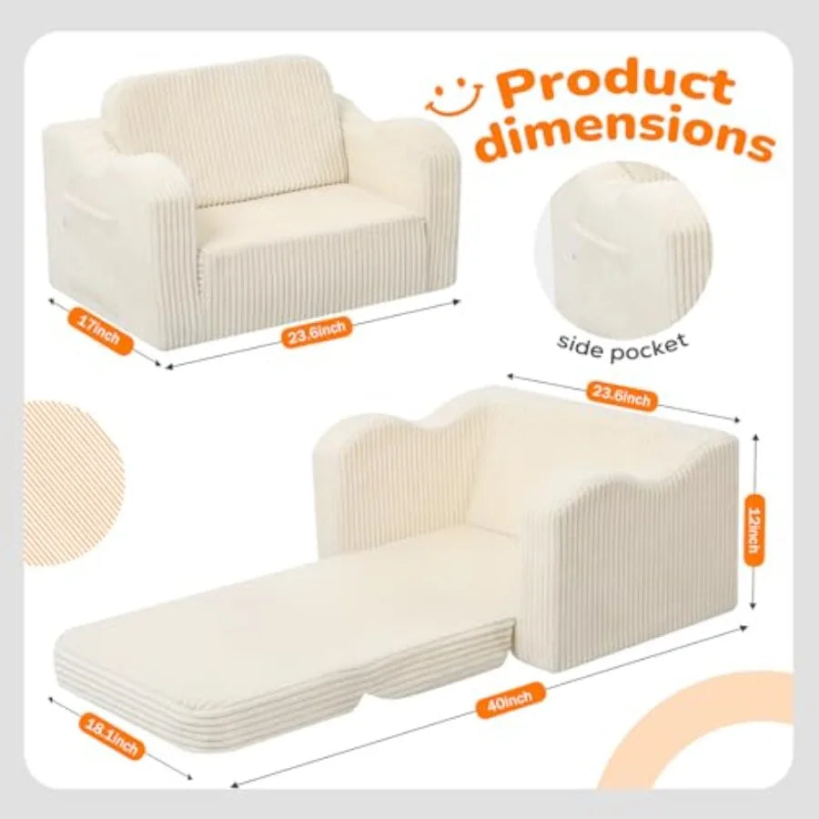 Toddler Couch Fold Out 2-in-1 Convertible Sofa Bed with Soft Corduroy Cover, High-Density Foam Toddler Chair for Ages 1 3, Fold