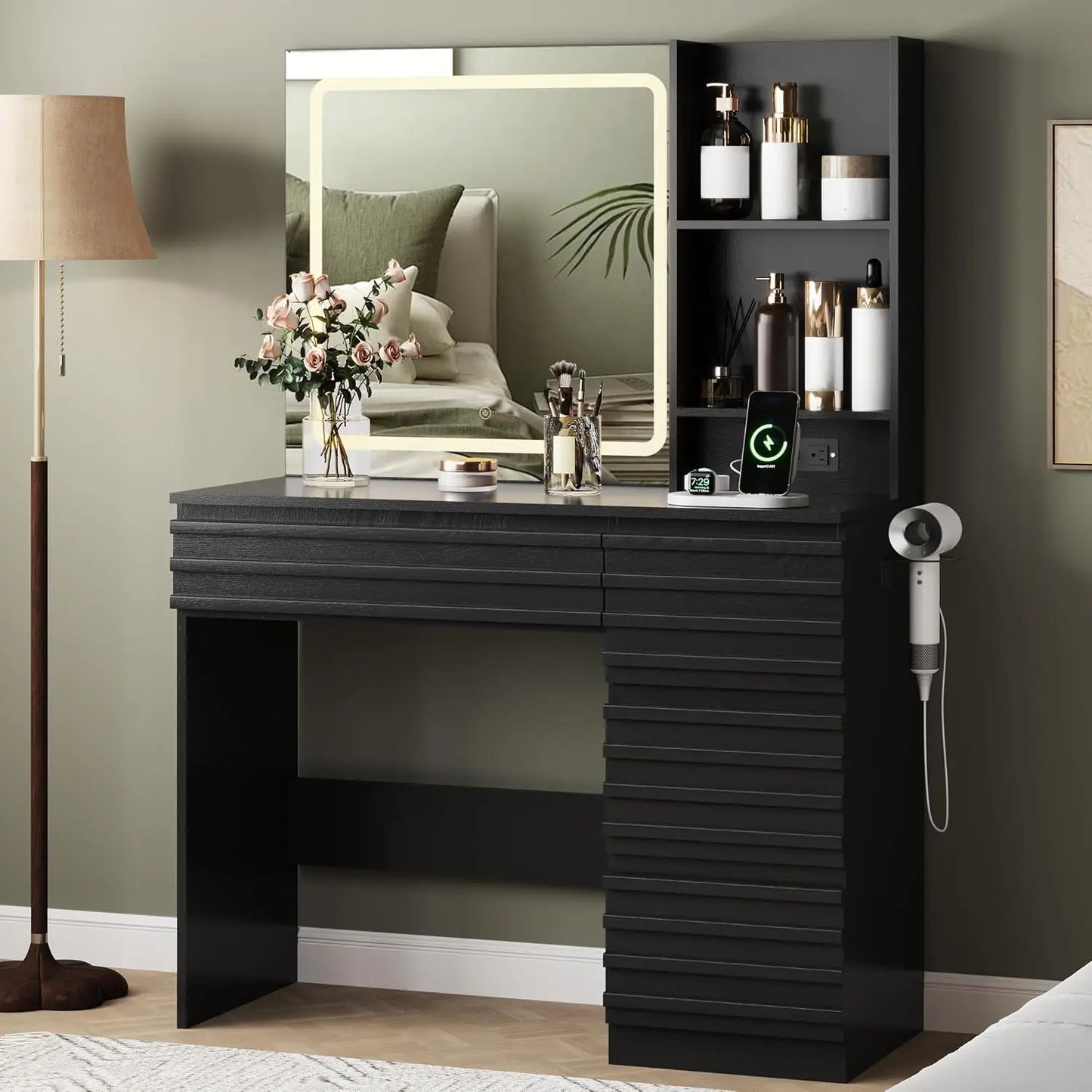 Fluted LED Lighted Makeup Vanity Desk,3 Lighting Modes,4 Drawers,Open Shelves,Power Outlet,Bedroom, Custom