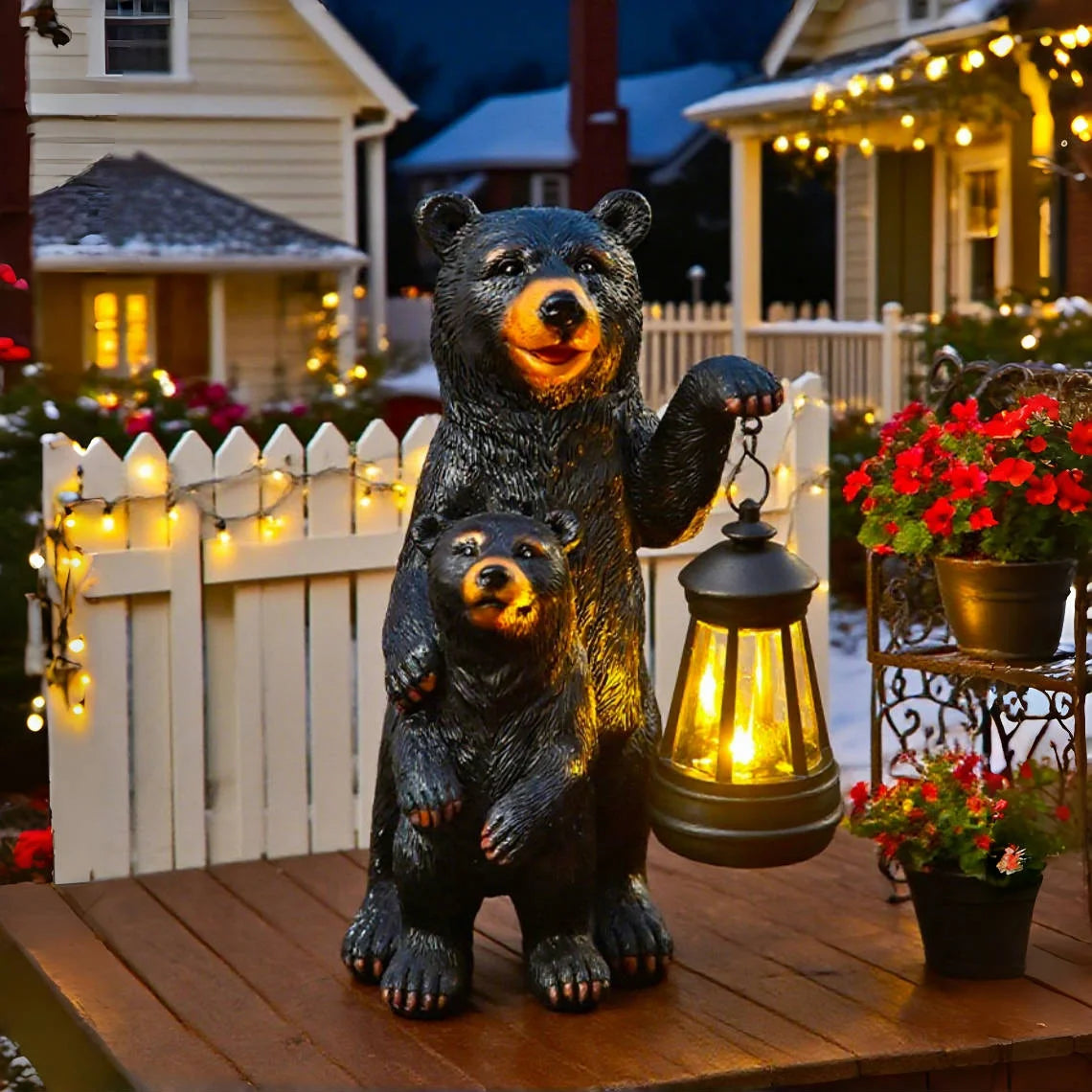 Solar Bear Mother And Cub Garden Statue Light Lantern