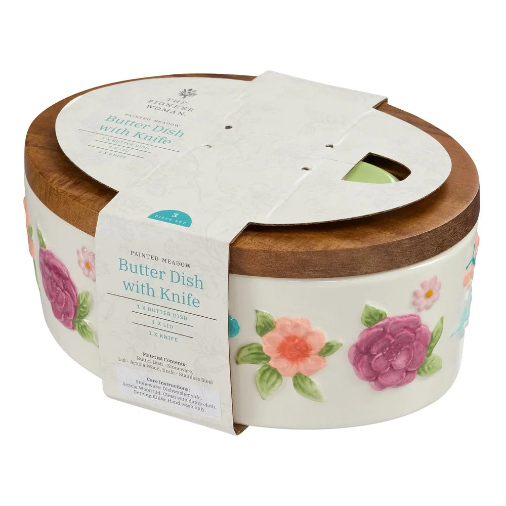 Painted Meadow Ceramic Butter Dish Set With Acacia Wood Lid