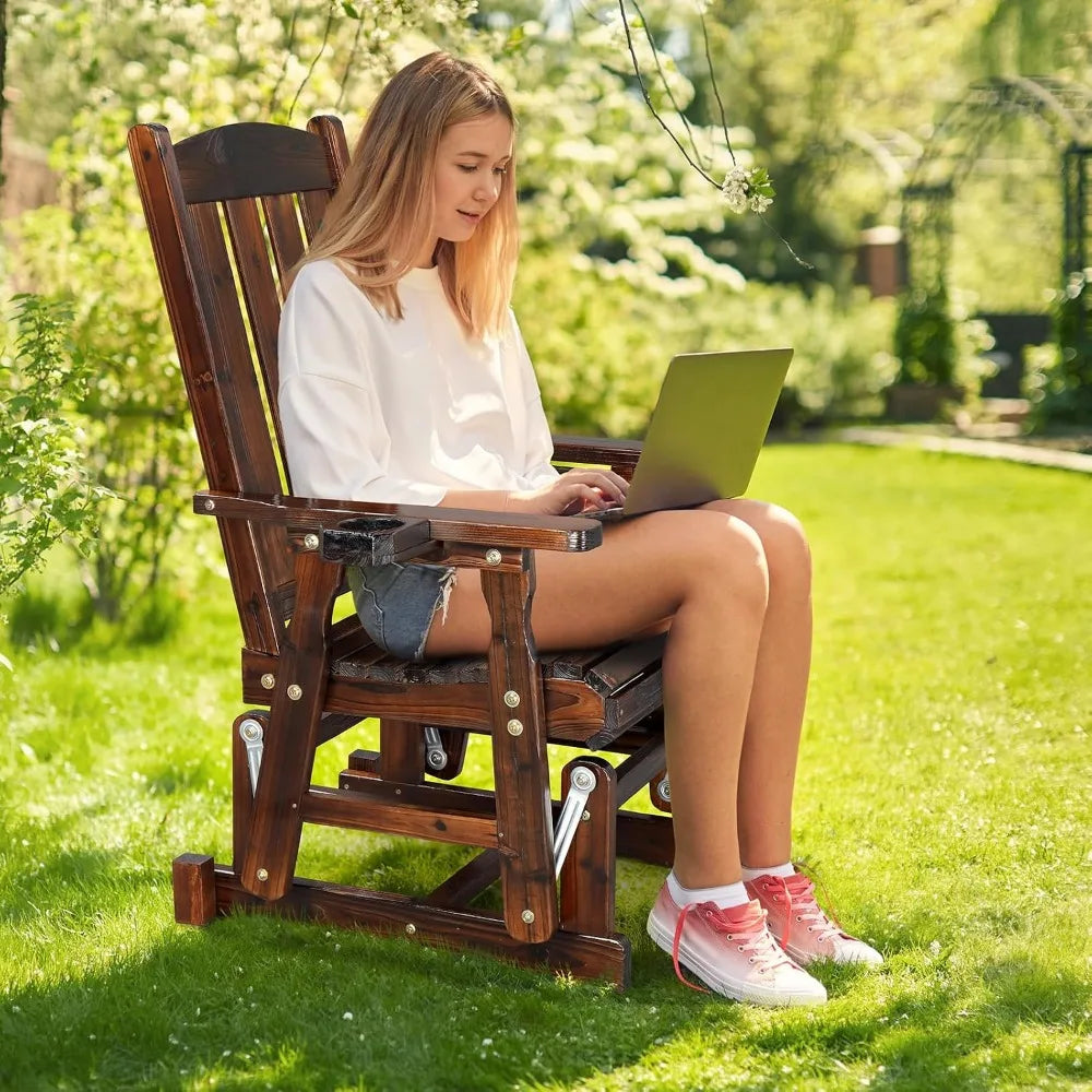 Outdoor Wooden Patio Glider Chair with Cup Holder and Smooth Rocking Mechanism, Durable for Up to 600 LBS, Rustic Style